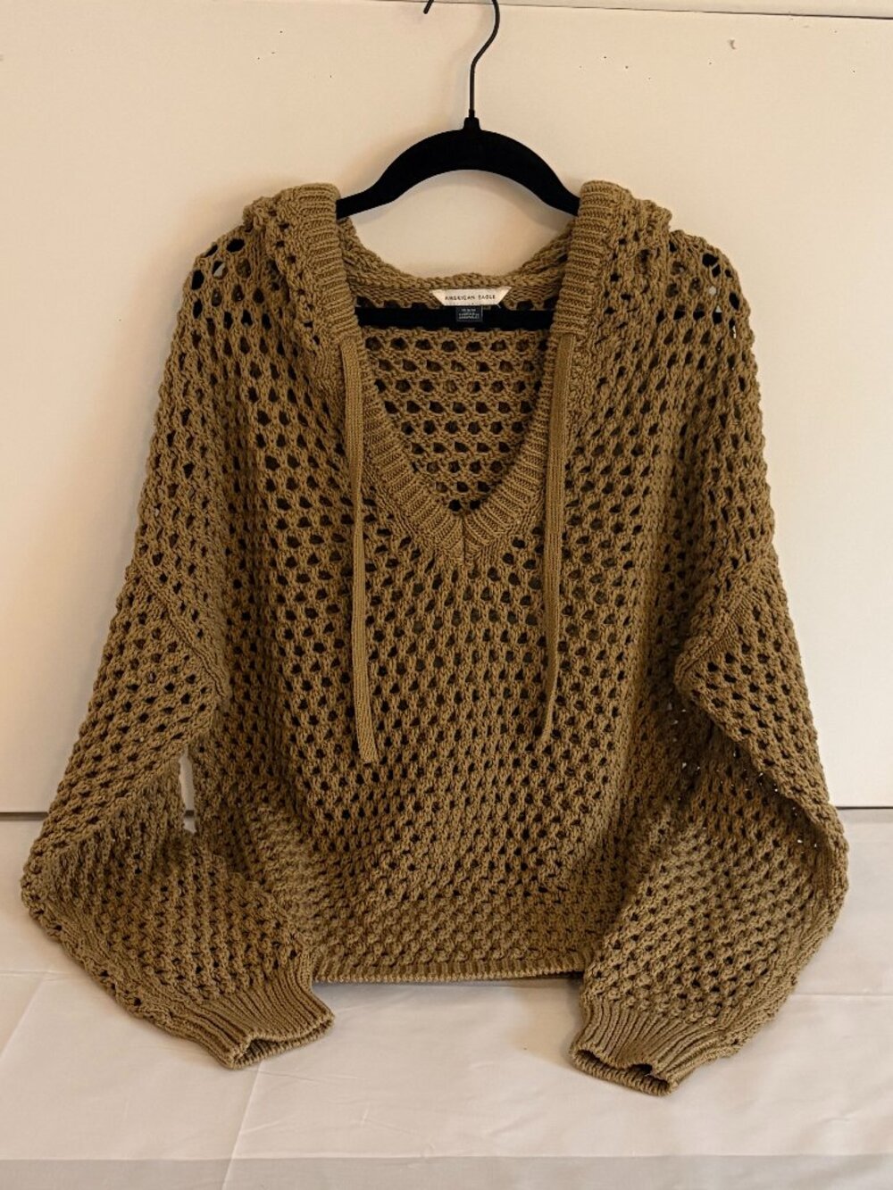 American Eagle Oversized Medium Olive Green Crochet Open Knit Hooded Sweater